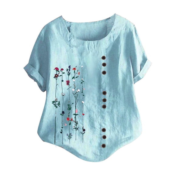 Pxiakgy Summer Boho Floral Shirts for Women Button Down Shirts Round Neck Shirt Roll Up Sleeve Shirt Floral Print Shirt Graphic Tunic Tops Office Work Tops Loose Fit Short Sleeve Crewneck Tops Blue L