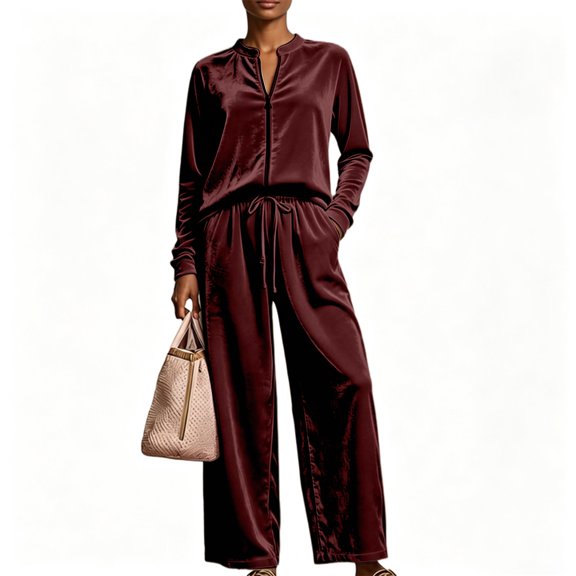 Textilo Velour Set for Women Long Sleeve Zip Up Top and Wide Leg Drawstring Pants with Pockets High Waist Sets Summer Travel Vacation Breathable Loose Walking Activewear,Wine L
