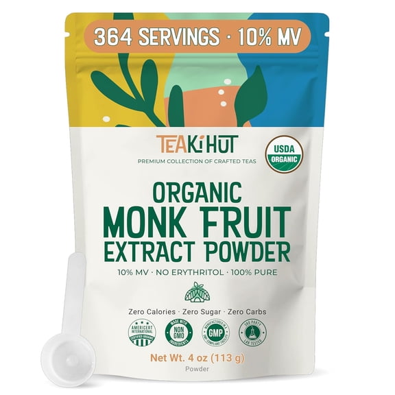 TEAki Hut Organic Monk Fruit Extract Powder 4oz, 100% Pure Monk Fruit Sweetener No Erythritol No Calorie Sweetener, Sugar Substitute 365 Uses