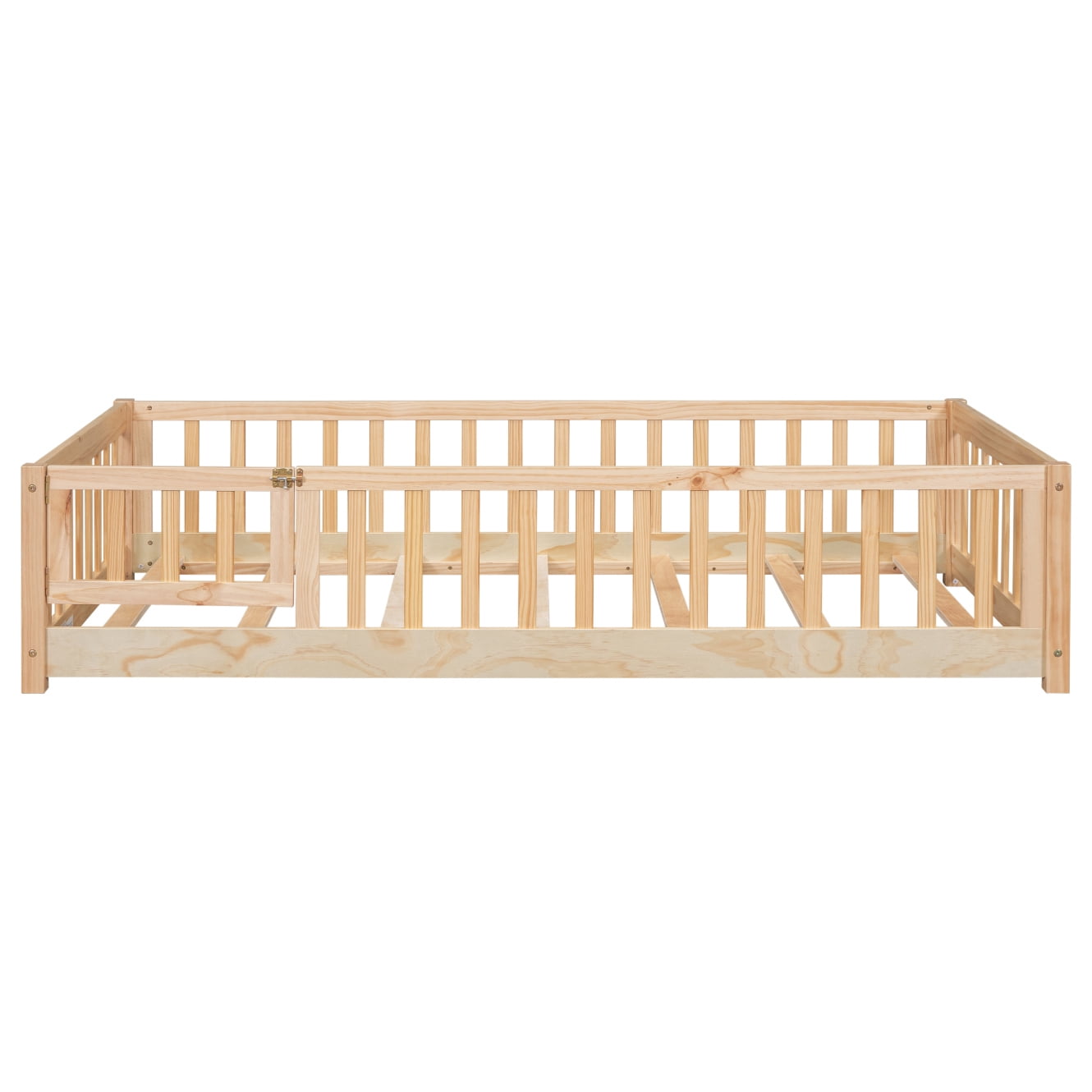 Twin Size Floor Bed Frame with Fence, Door and Slats, No Box Spring Needed, Natural