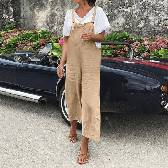 Vedolay Womens Jumpsuits Dressy Jumpsuits for Women Loose Fit Sleeveless Spaghetti Strap Long Pant Romper Jumpsuit,Khaki XXL