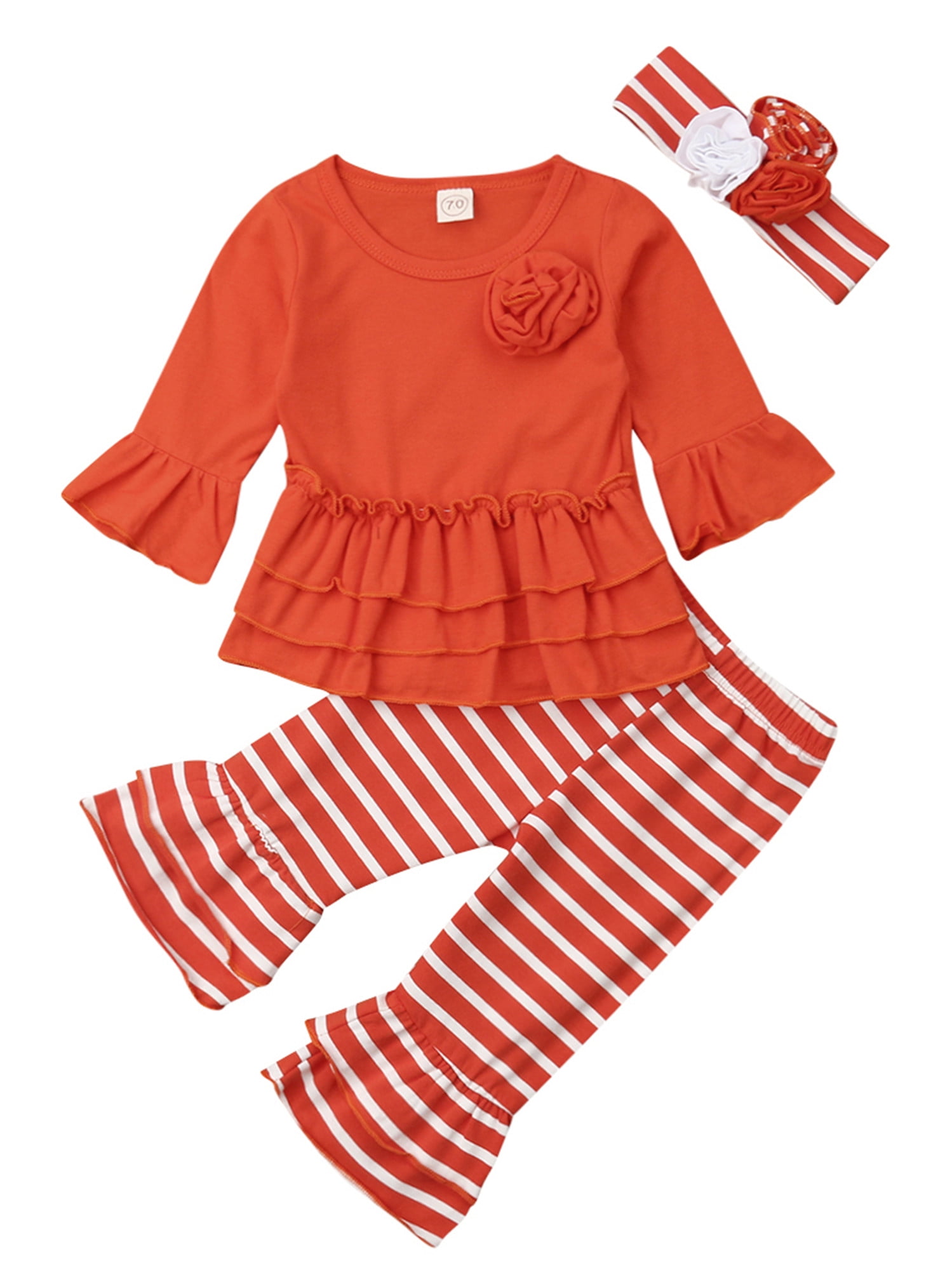 Inevnen Toddler Kid Baby Girls Halloween Outfits 3D Floral Ruffles Top Striped Flare Pants Set