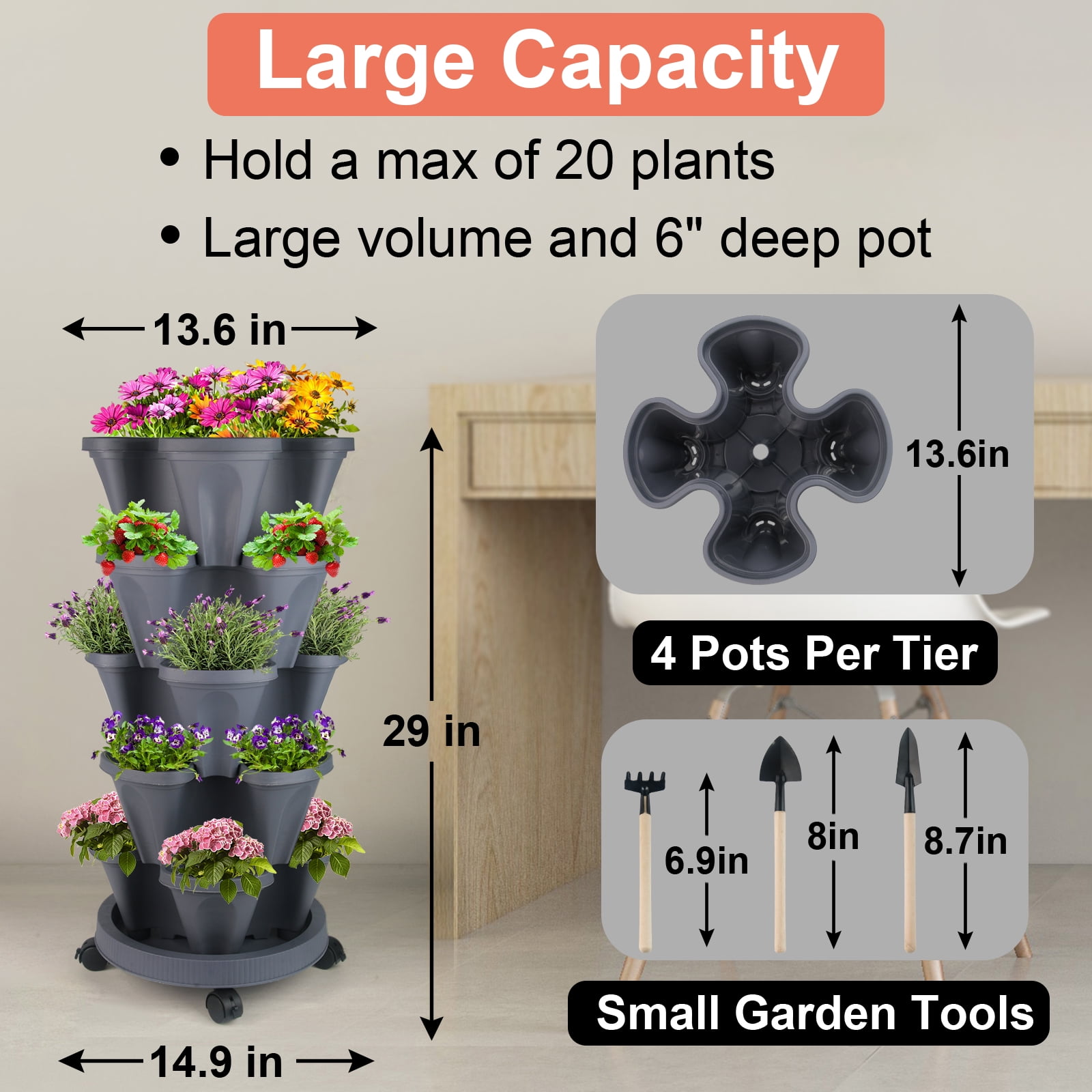 5 Tier Stackable Strawberry, Herb, Flower, and Vegetable Planter - Vertical Garden Indoor/Outdoor, Dark Gray