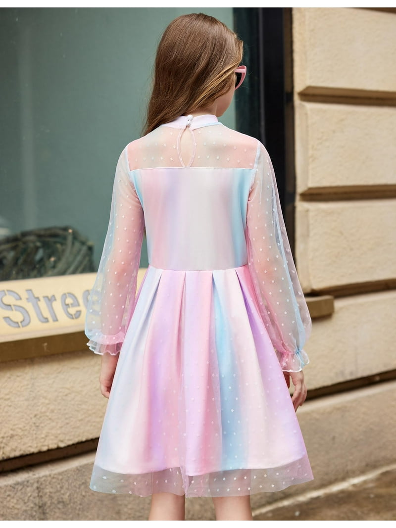 Oudiya Girls Mesh Puff Lantern Long Sleeve Rainbow Dress Mock Neck Formal Party A Line Short Tulle Dress, Girl's, Size: 5-6