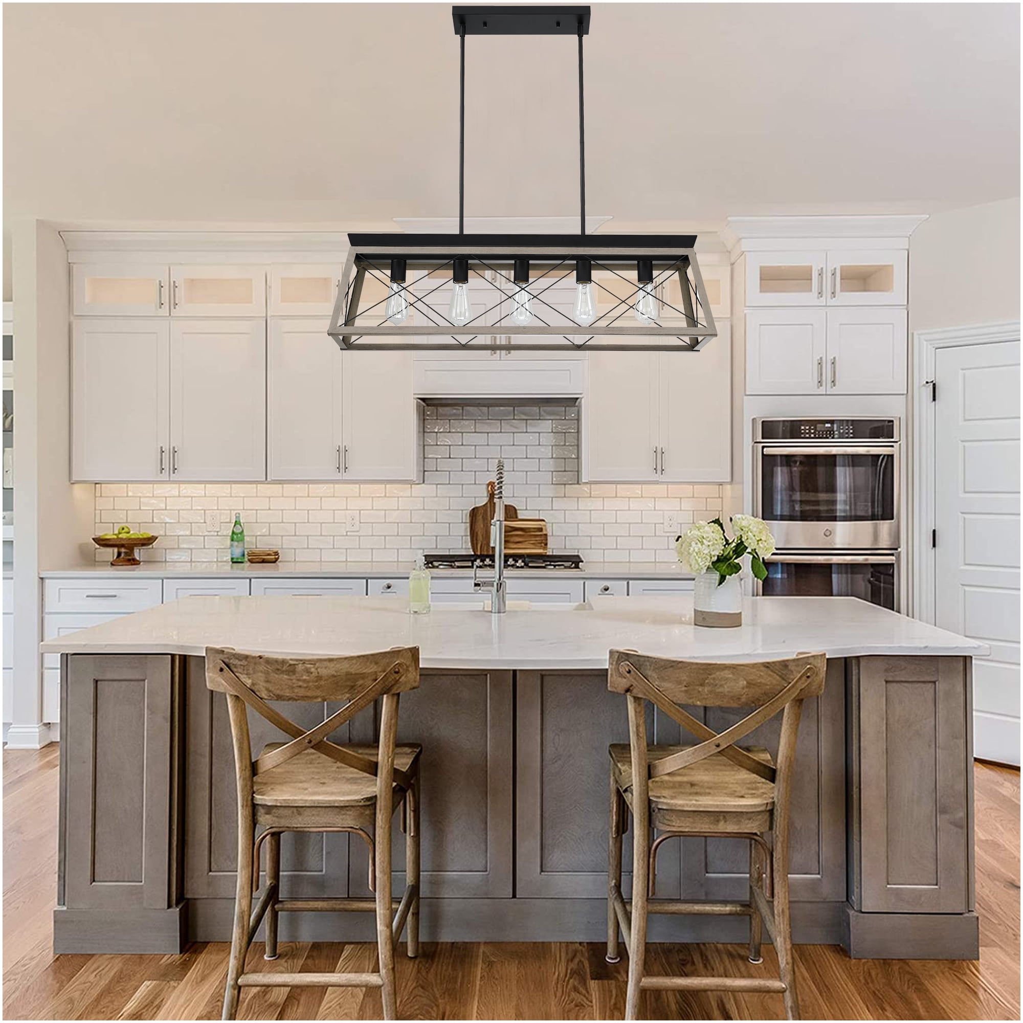 5-Light Farmhouse Pendant Lighting for Kitchen Island Light Fixture Industrial Hanging Chandelier for Dining Room, Kitchen, Living Room with Anchor Grey Oak Finish