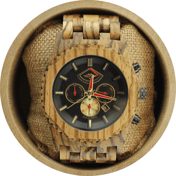 Angie Wood Creations Automatic Zebrawood Men’s Watch with Red Hands and Zebrawood Band