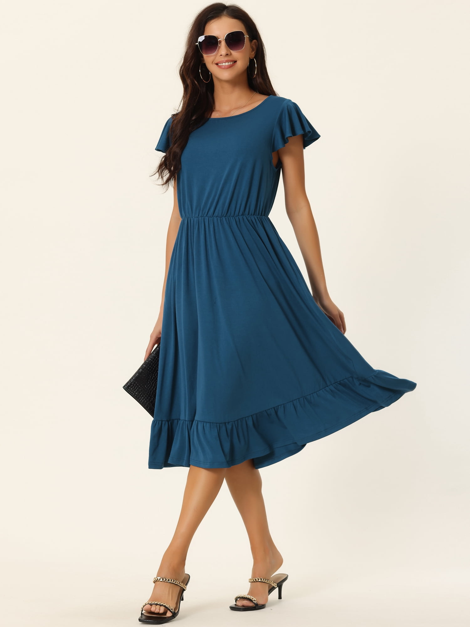 DARING DIVA Women Crew Neck Flutter Midi Dress with Pockets L Blue