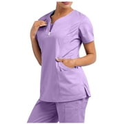 TopLLC Womens Plus Size Scrubs Women's Short Sleeve V-Neck Pocket Zipper Care Workers T-Shirt Tops Casual Nurse Shirts Scrubs on Clearance