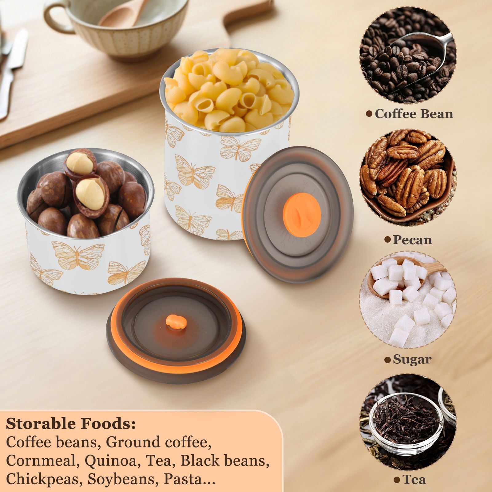 Gold Butterfly Print Airtight Coffee Bean Canister 30oz Food Storage Containers with Lids For Gournd, Tea, Sugar, Flour, Rice, Cereal, Candy Cookie Jar
