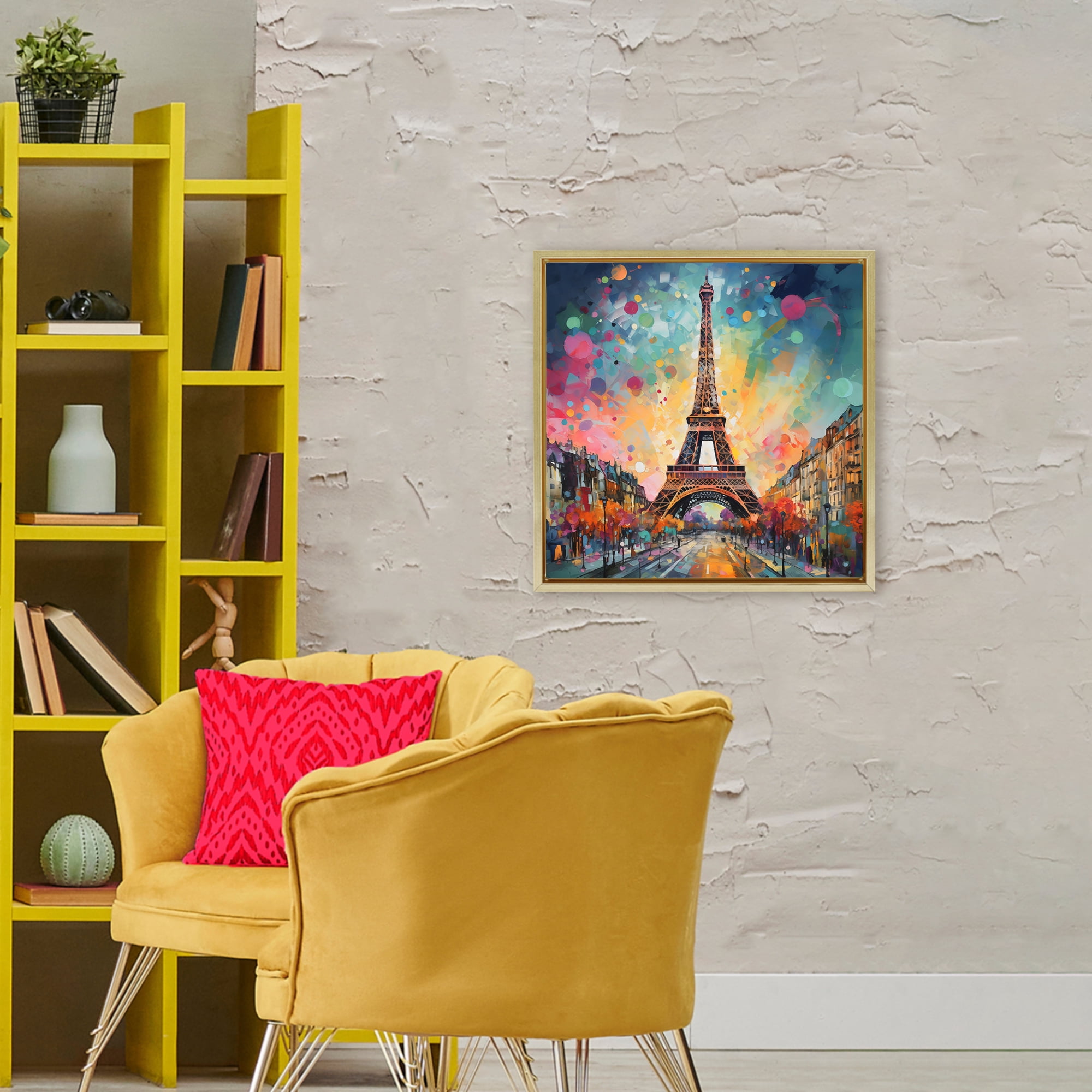 Stupell Industries Eiffel Tower with Vibrant Dots Gold Framed Floater Canvas Wall Art, design by Creative Studio