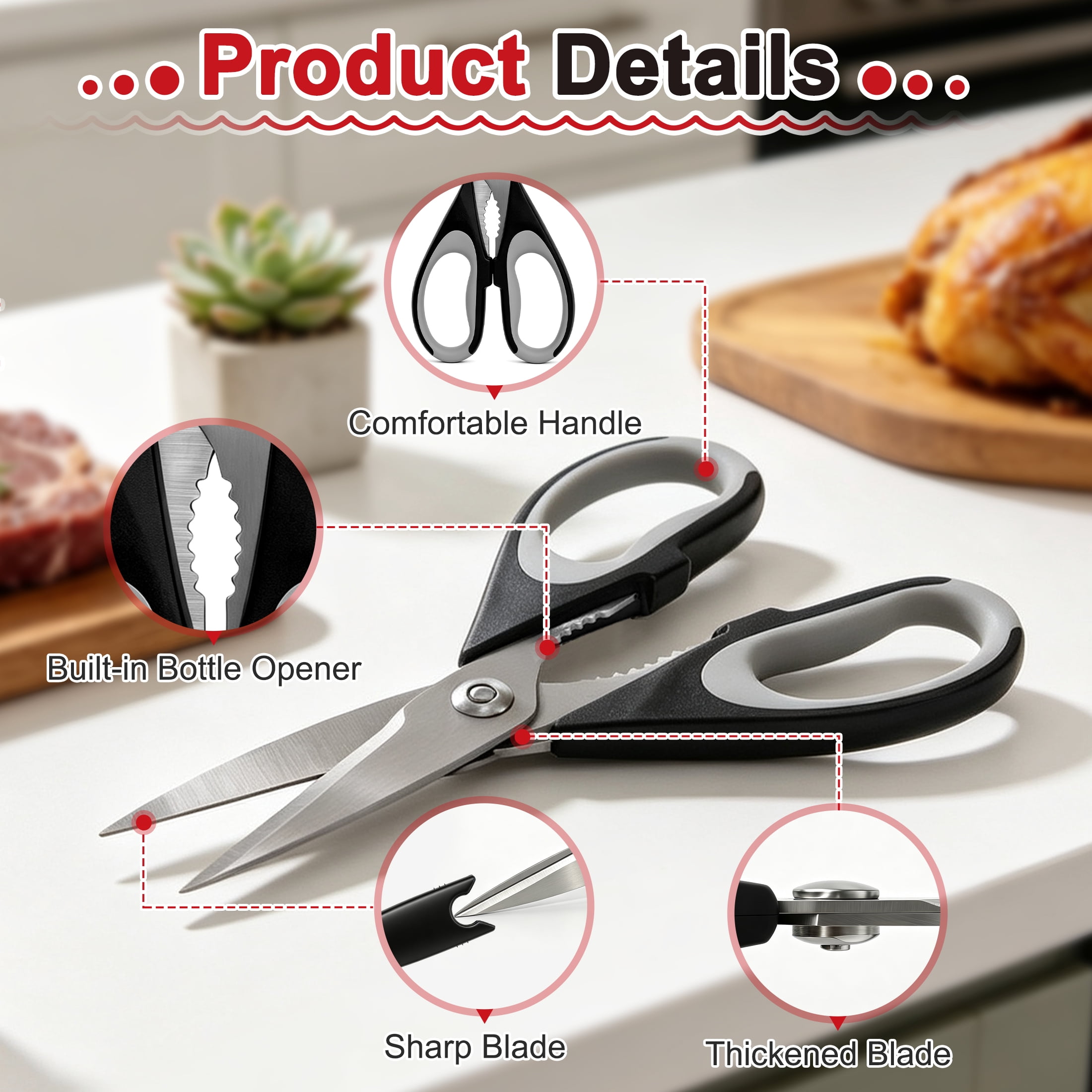 2 Pack Multi-Purpose Kitchen Scissors, Stainless Steel Heavy Duty Kitchen Cooking Shears with Bottle Opener, Soft Grip Food Prep Scissors for Food, Vegetables, Poultry, Herbs