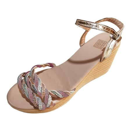 

Blphud Summer Womens Shoes Sandals for Women Wide Ladies Summer Colour Blocking Rhinestone Leather Thick Bottom High Heel Buckle Large Size Sandals Women Sandals Wedge Gold 38