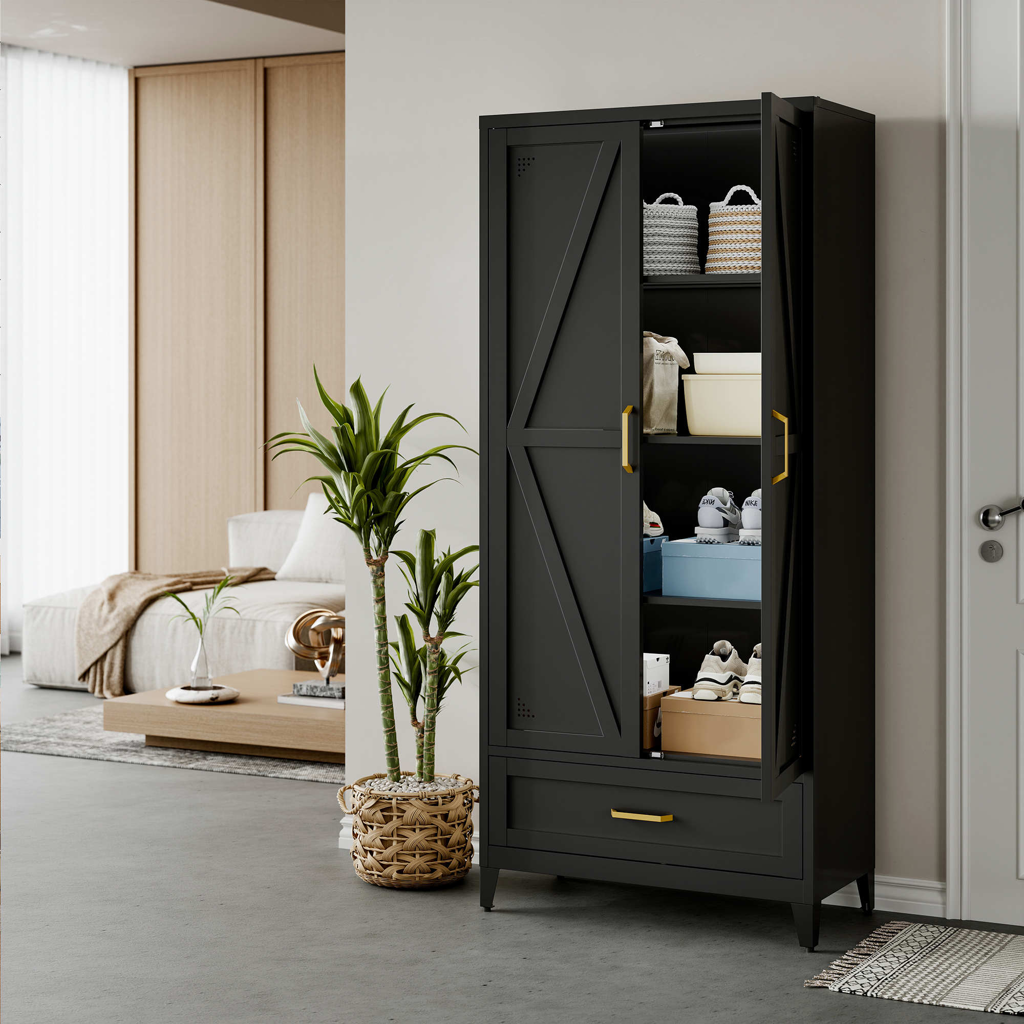 CXUZCZ 71" Tall Metal Storage Cabinets,Kitchen Pantry Cabinet with 3 Adjustable Shelves and 1 Drawer,Freestanding Cupboard for Kicthen,Dining Room,Living,Hallway,Black