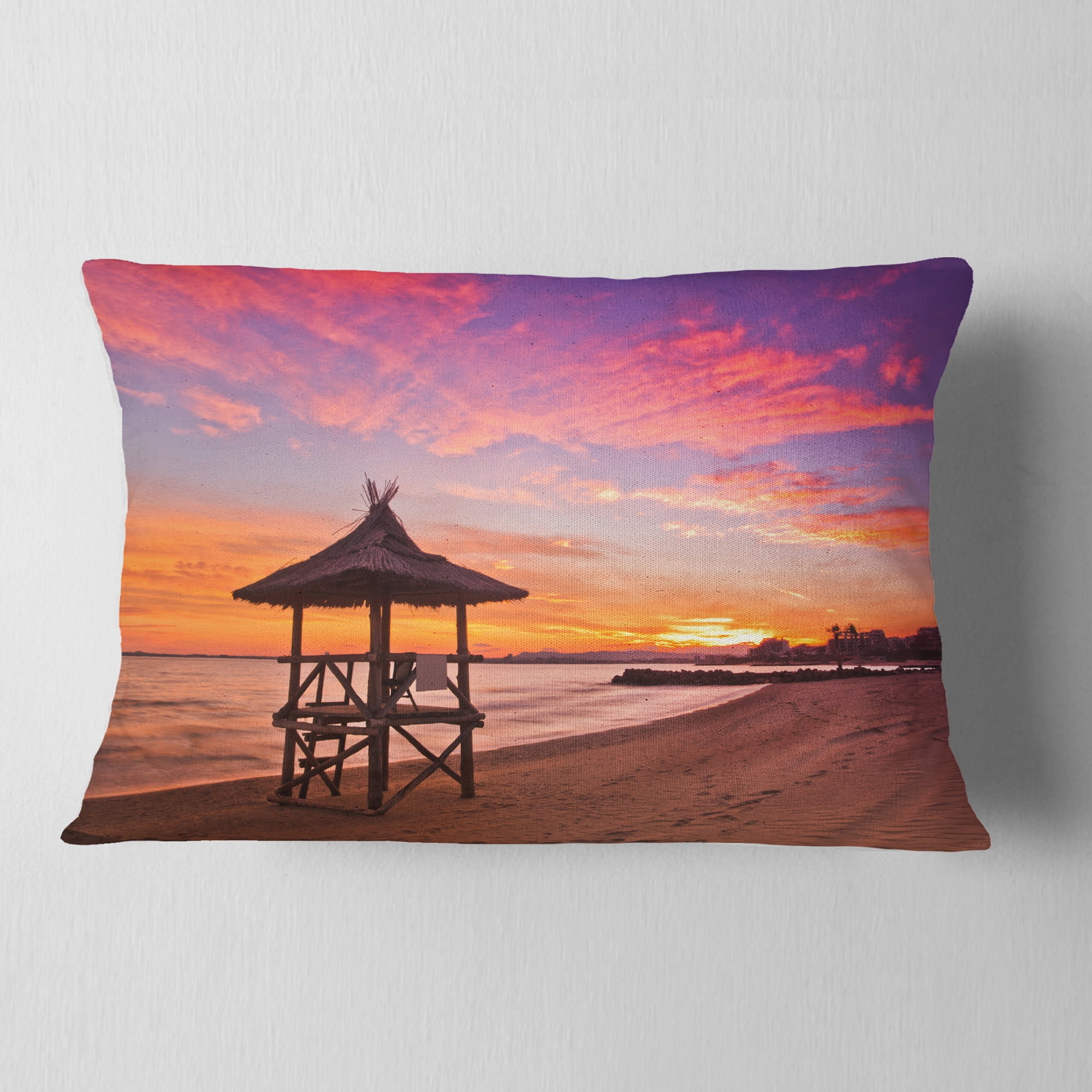 Designart Lifeguard Station in Beautiful Beach - Modern Seashore Throw Pillow - 12x20