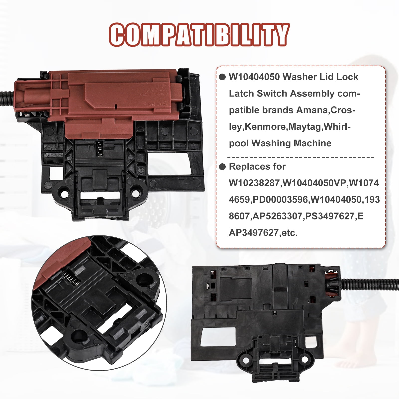 3mirrors W10404050 Washer Lid Lock Latch Assembly and W10240513 Washer Door Strike, Compatible with Whirlpool Kenmore Maytag Amana Inglis Roper Admiral Crosley Washing Machines Replacement