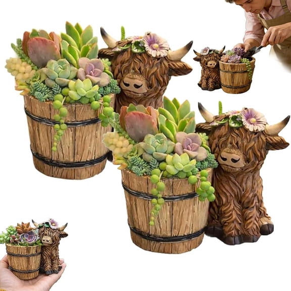 Highland Cow Ceramic Planter Pot Wooden Barrel Succulent Holder(2pc)