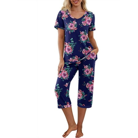 

Voguele Ladies Nightwear Elastic Waist Loungwear Floral Print Sleepwear Joggers Pjs Casual Pajamas Navy Blue 2XL