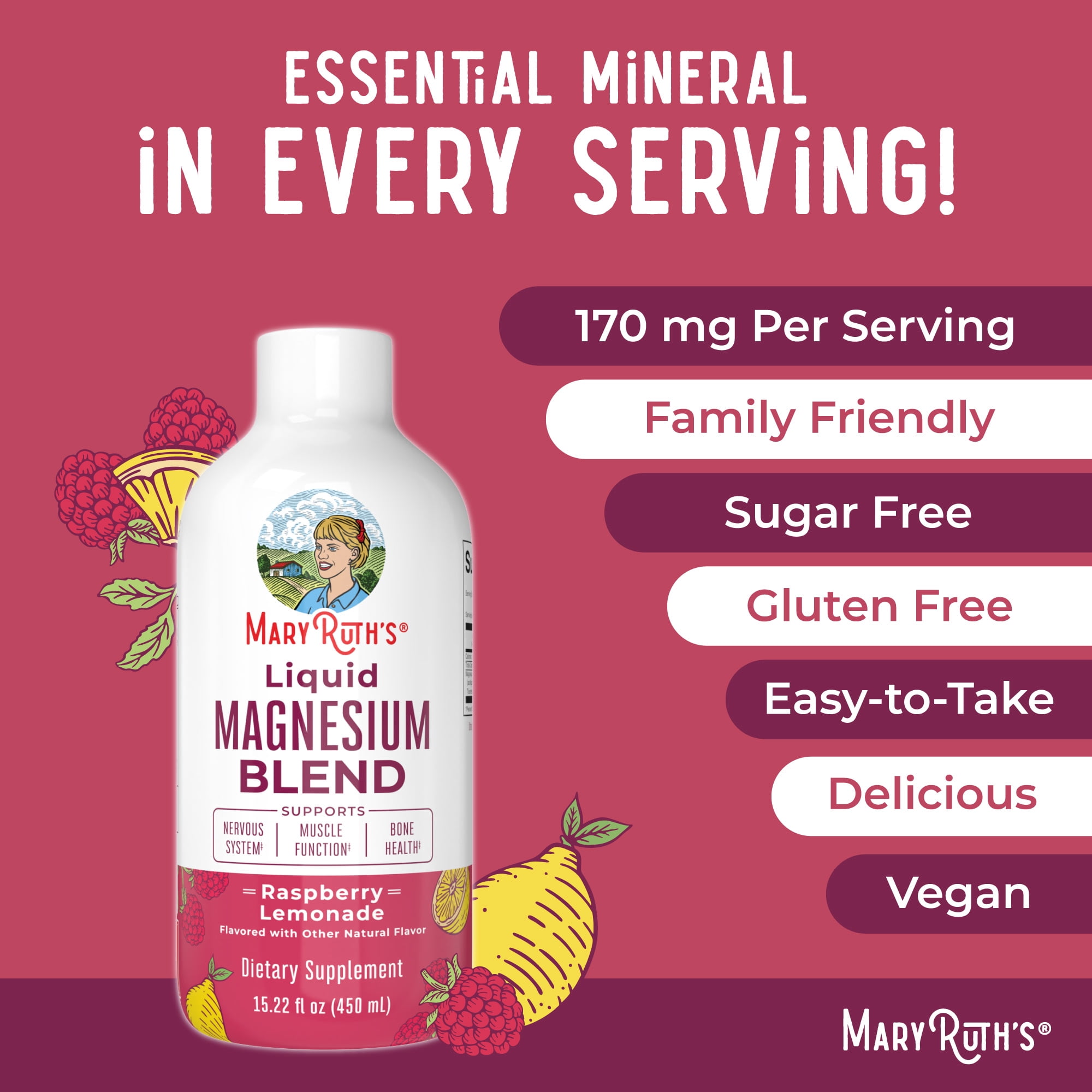 MaryRuth's Organics Liquid Magnesium Blend, Raspberry Lemonade, Energy Support, 15 fl oz