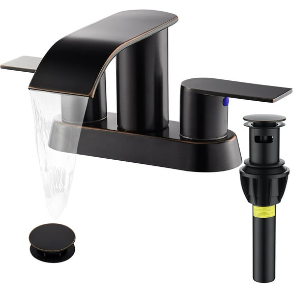 Waterfall Bathroom Sink Faucet 4 Inch Faucet 2 Handle Lead-Free Oil Rubbed Bronze, Bathroom Faucets with Pop Up Drain, 2 or 3 Holes Bathrooms Basin Lavatory Mixer Tap with Deck Mount Plate