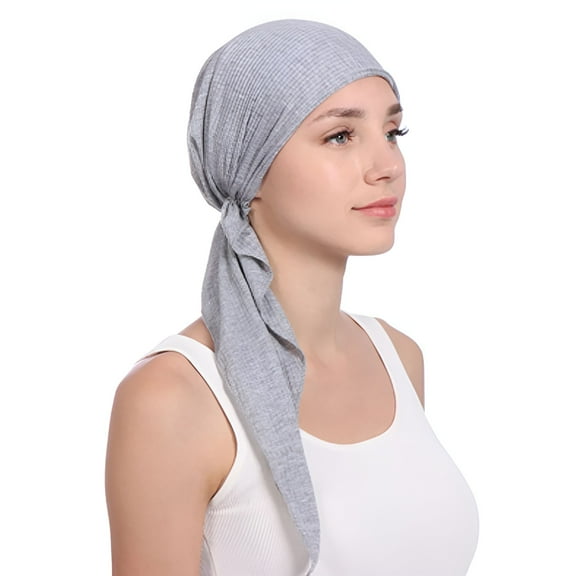 TELOLY Women Solid Beading Stretch Chemo Beanie Turban Hat Cotton Hair Long Tail Head Scarf Wrap for Cancer Patients Hair Loss Casual Caps