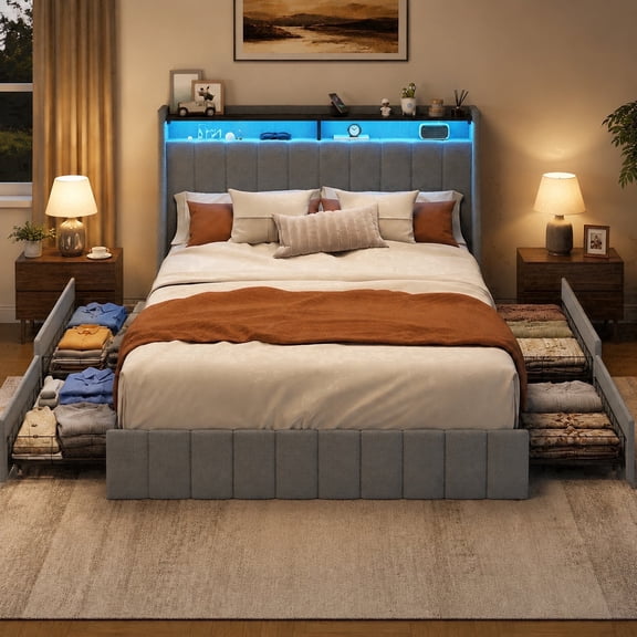 SESSLIFE Queen Bed Frame with Storage, Upholstered Platform Bed Frame with 4 Drawers & Headboard Storage Shelves, RGB LED Lights, Easy Assembly, No Box Spring Needed, Gray