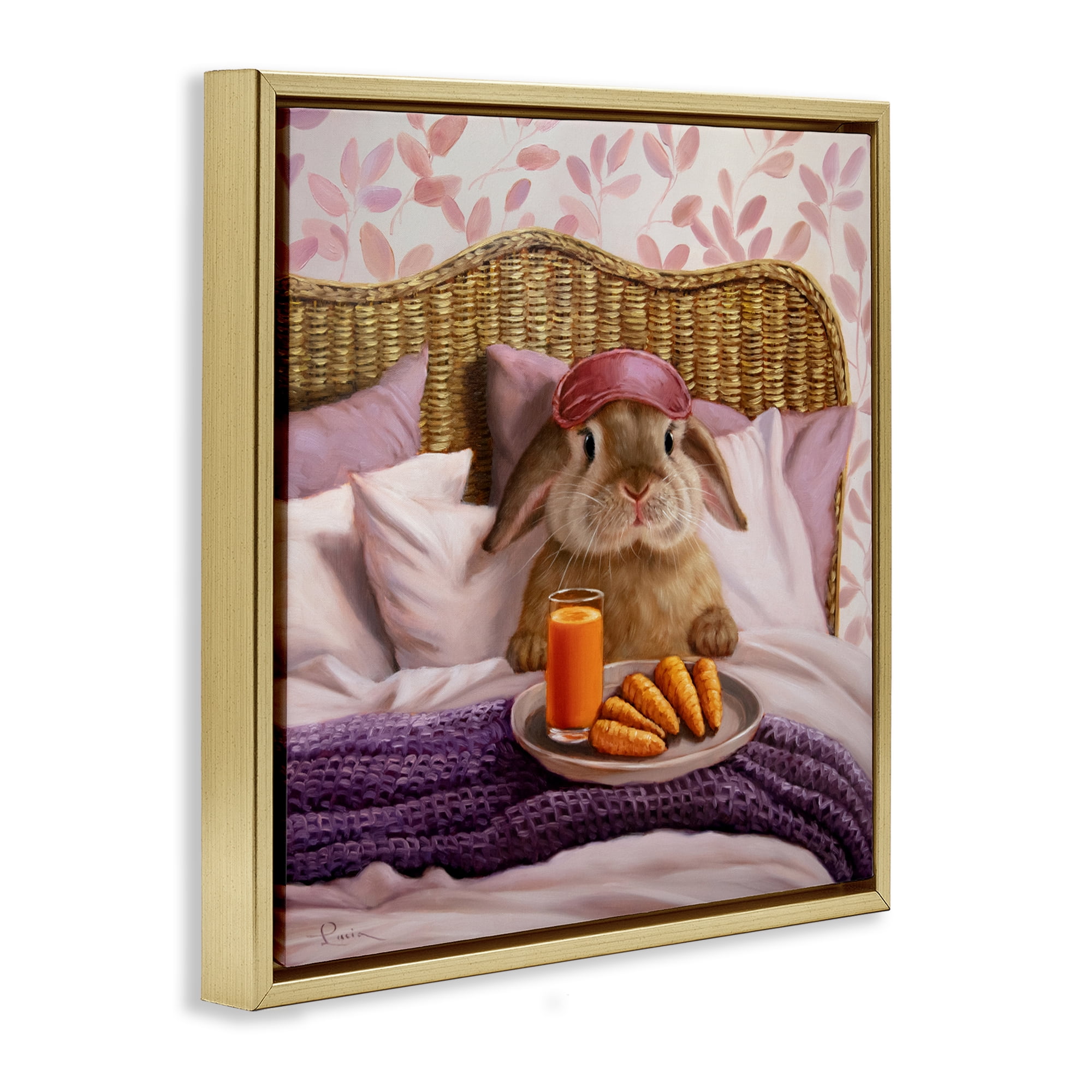 Stupell Industries Hoppy Meal Bunny in Bed Gold Framed Floater Canvas Wall Art, design by Lucia Heffernan