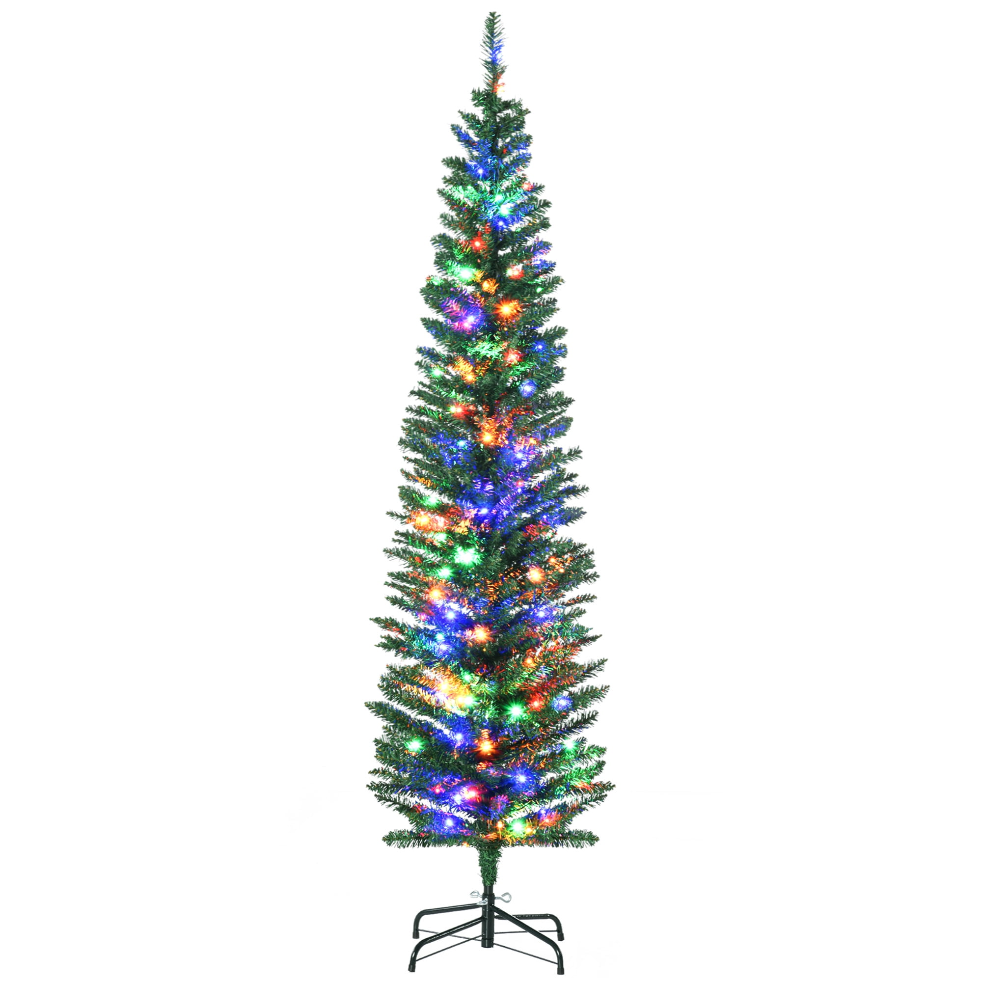 6FT Green Slim Pencil Artificial Christmas Tree, 390 Tips with Pine Cones 150 Multi-Colored LEDs, Hinge Section Design, Flame Retardant Steel Base, Indoor Holiday Decor