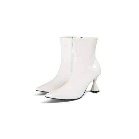 

Harsuny Ladies Fashion Bootie Zip Up Patent Leather Boots Pointy Toe High Heels Boot Work Lightweight Non-slip Winter Shoes Slim Short Booties White 5