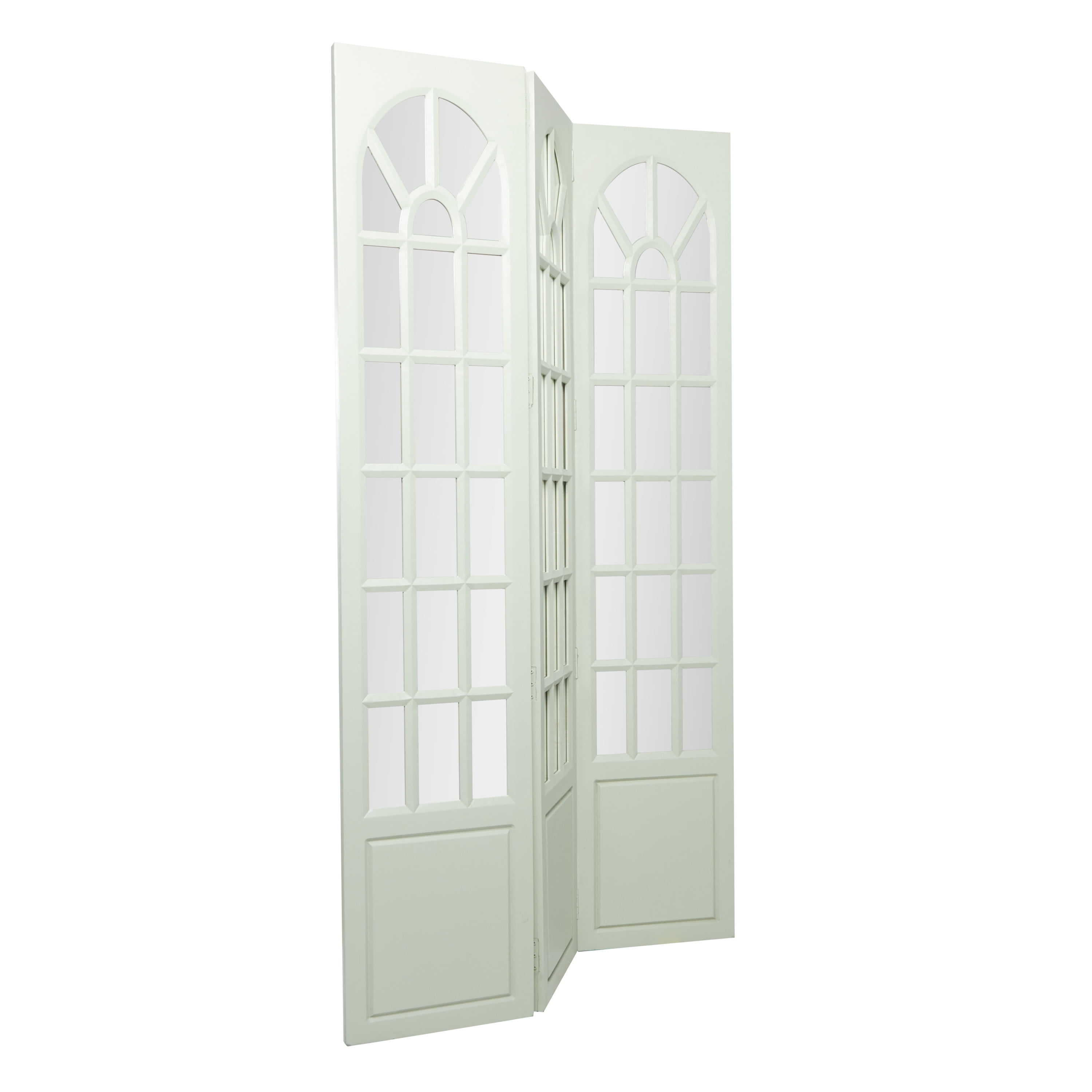 DecMode 44" x 72" Green Wood Hinged Foldable Partition 3 Panel Room Divider Screen with Window Pane Style Mirror, 1-Piece