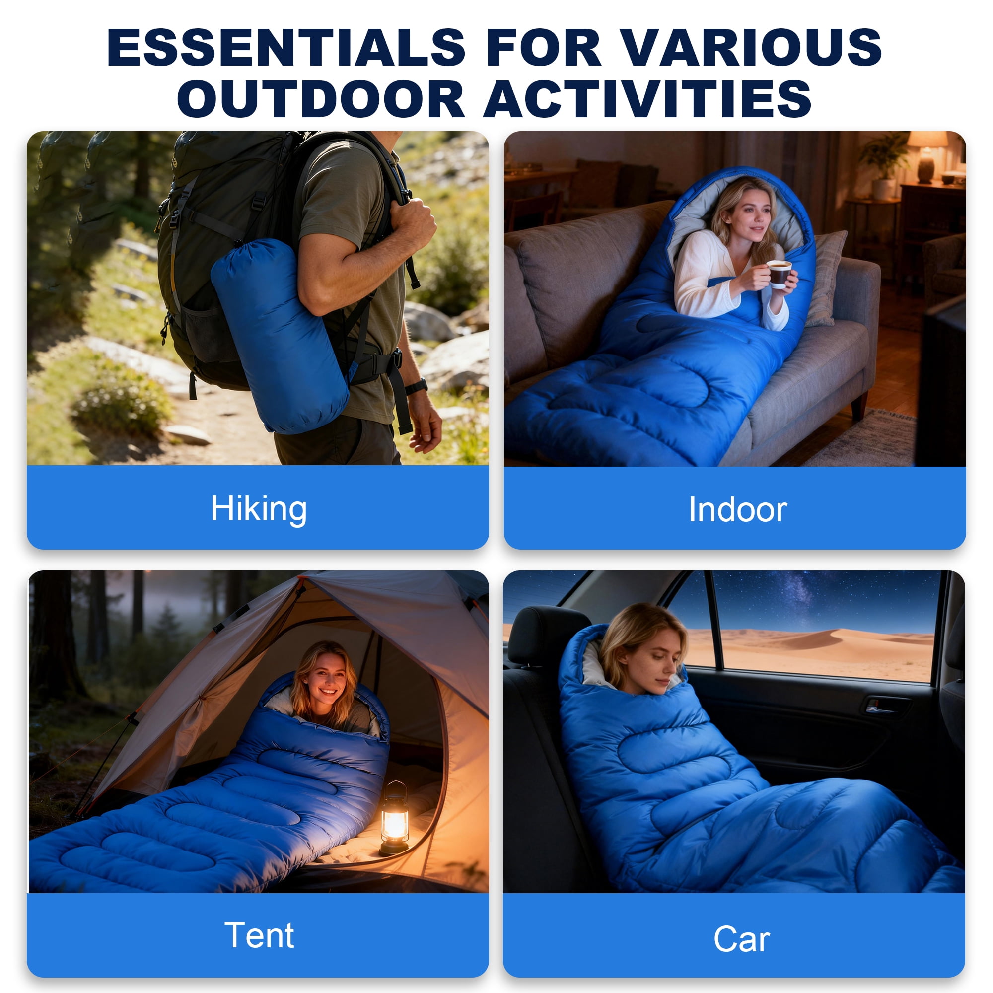 OHHANI Sleeping Bag for Adults Lightweight Backpacking, Comfort 40°F to 77°F, 87" x 30" Suitable for Camping, Hiking, Travel, Blue