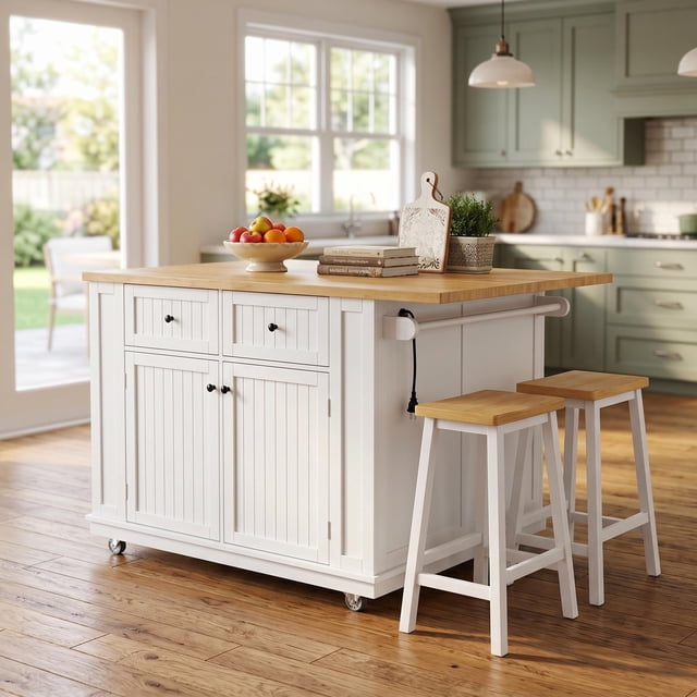 Homy Casa 48" Kitchen Island Cart with 2 Bar Stools, Power Outlets, Storage, White