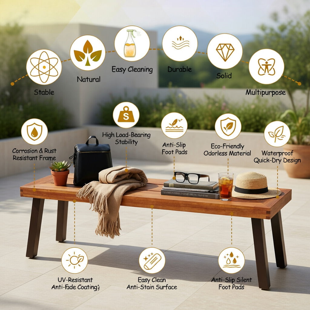 Hommoo 2-Pack Outdoor Acacia Wood Dining Benches for Patio, Rust-Resistant Steel Frame, Brown