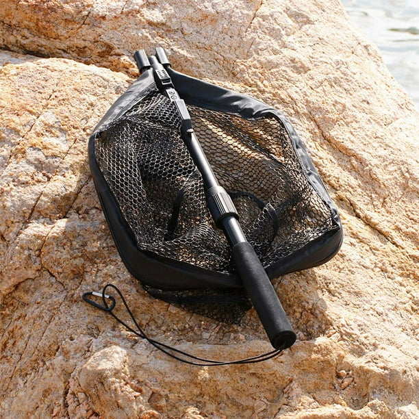Bunblic Folding Floating Fishing Landing Net Aluminum Alloy Telescopic Pole Freshwater Saltwater Fish Catching Releasing Pool Black 80cm