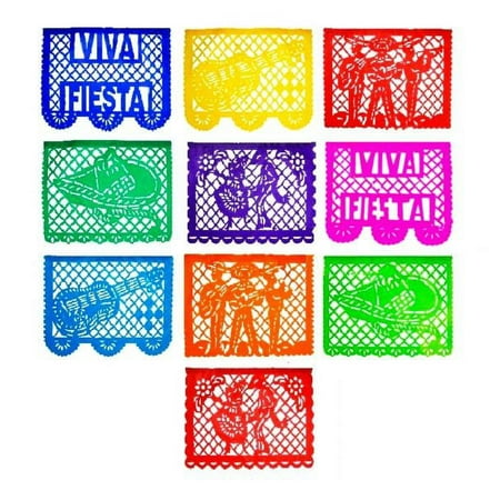 Viva Fiesta Mexicana Papel Picado Banner 4 Pack, Each Banner 14 feet Long with 10 Multi-Colored Panels, 56 feet Long with 40 Panels Total