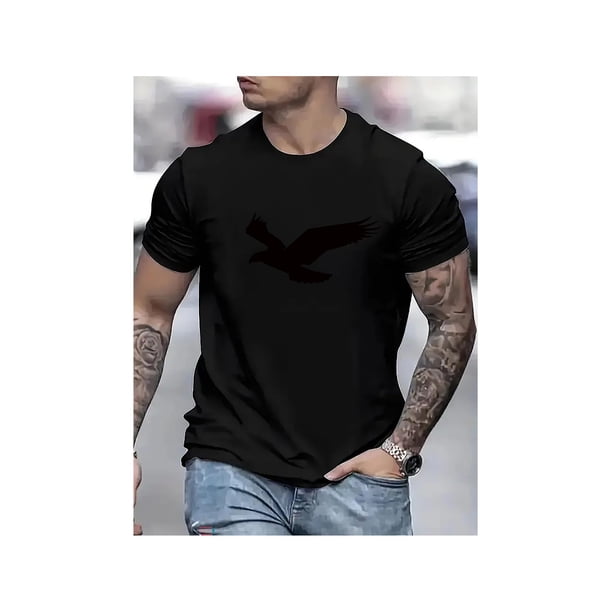 Men's Light Blue Casual T-Shirt with Black eagle Graphic Print - Short Sleeve, Round Neck , Summer Style, outdoor & Date Night essential