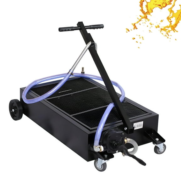 25 Gallon - Low Profile Oil Drain Pan, Oil Drain Pan with Manual Pump - Folding Handle, Heavy-Duty Mobile Oil Drain Tank with Locking Wheels & Filter Screen for Easy Truck, SUV Oil Changes