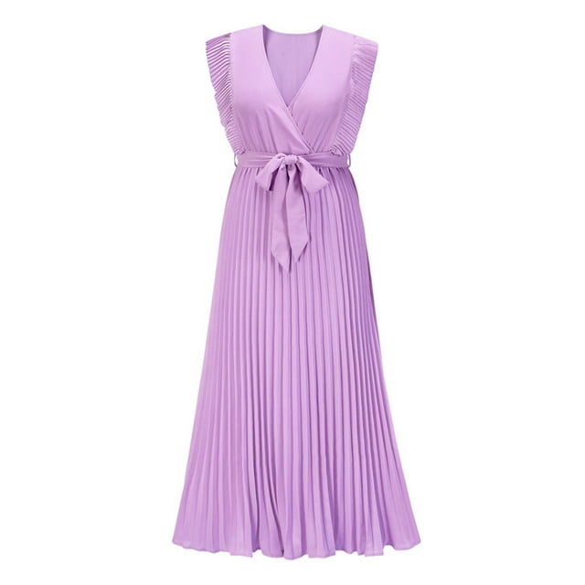 Vestido de playa plisado de gasa para mujer - Manga con volantes, corte ajustado, color liso, tallas S-XXL, para fiestas de verano/bodas, largo 140 cm