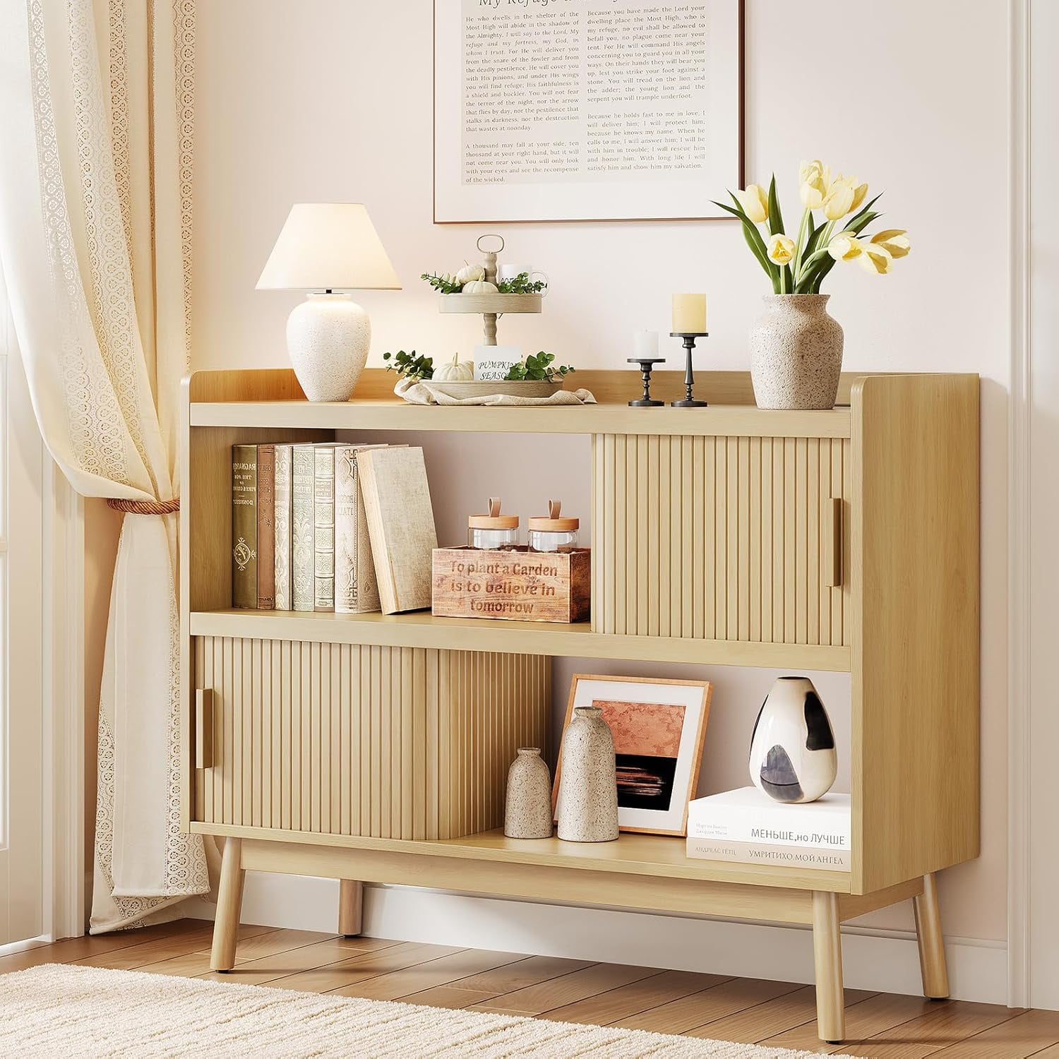 44 Sideboard Buffet Cabinet with Outlet & Sliding Door Oak | Fluted Sideboard Cabinet with Open Storage Space/Adjustable Shelf Mid-Century Accent Coffee Bar Console Table with Wood Feet