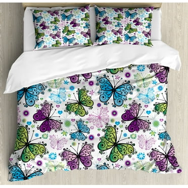 Butterfly Duvet Cover Set King Size, Colorful Spring Season Animals with Ornamental Wings Hearts and Dots Illustration, Decorative 3 Piece Bedding Set with 2 Pillow Shams, Multicolor, by Ambesonne