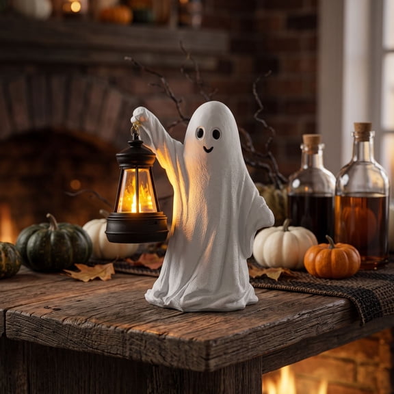 Halloween Ghost Decorations Light Up Halloween Decorations 9.5 Inch Cute Ghost Decor Battery Operated Lantern for Indoor Home Table Mantel Porch Party Use White, 1 Pack