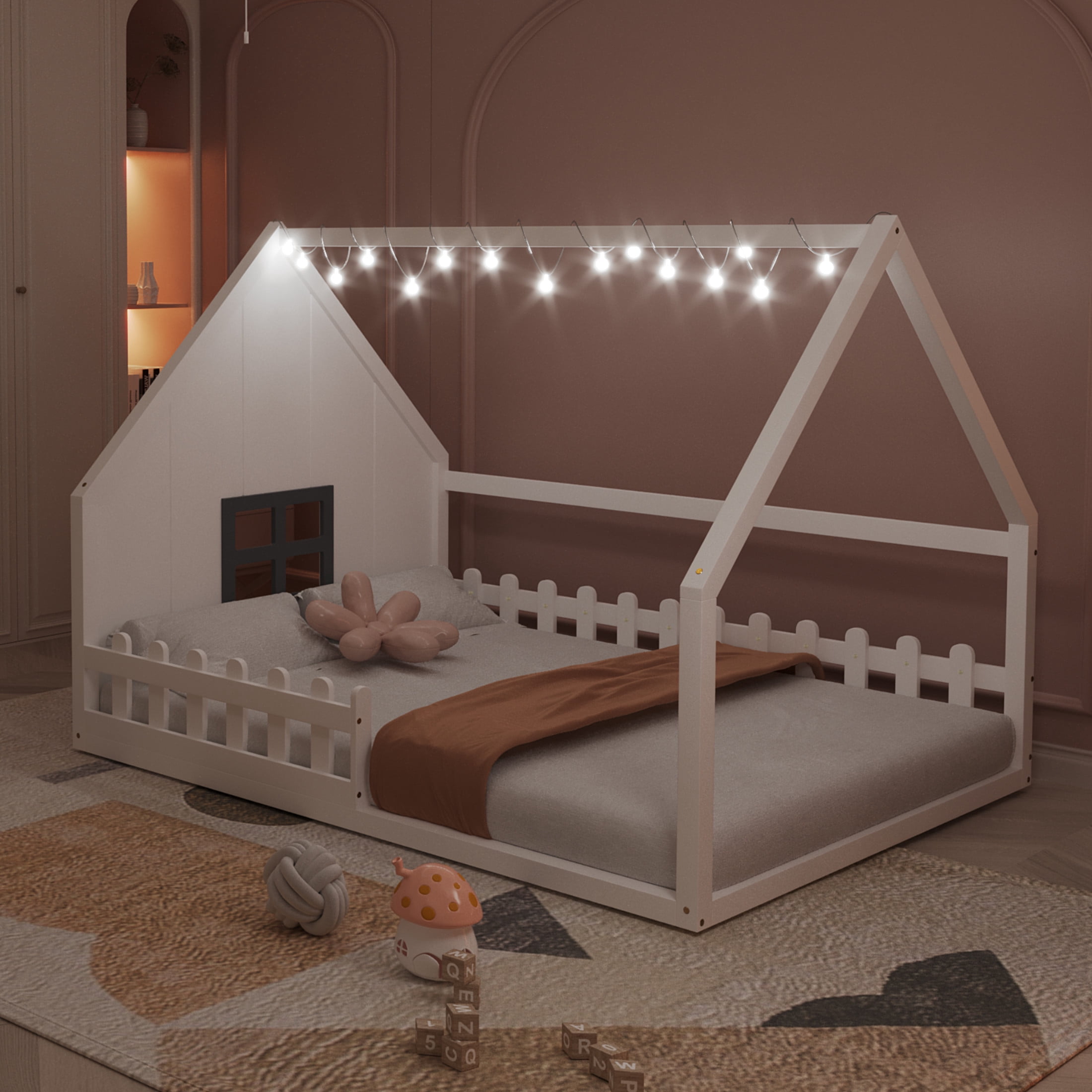 Noble House Full Size Wood House Bed with Window and Fence Guardrails, Safety Design for Kids, White