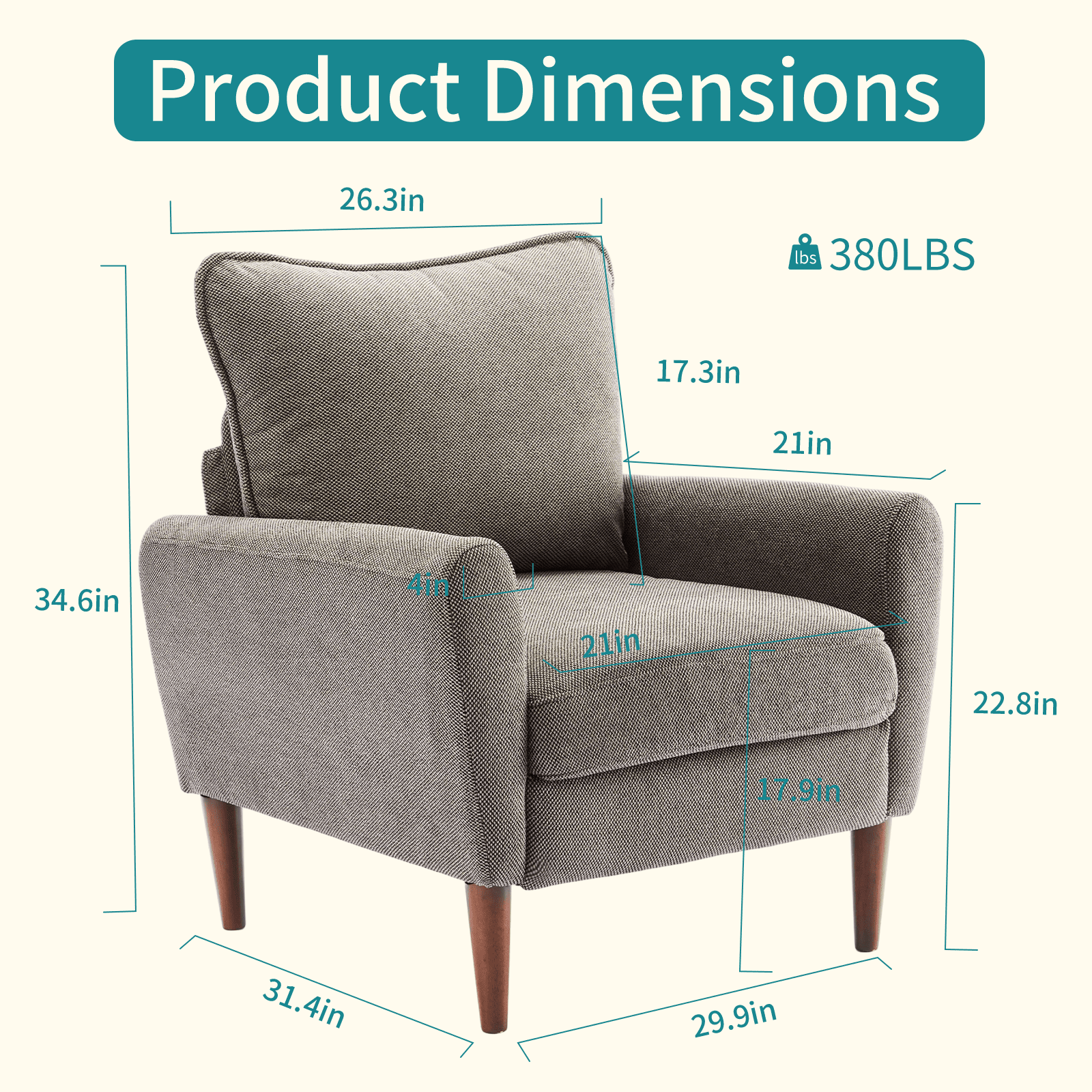 Gianna Fabric Accent Chair with Supportive Backrest and Armrests, Modern Comfortable Chair for Living Room, Bedroom, or Office