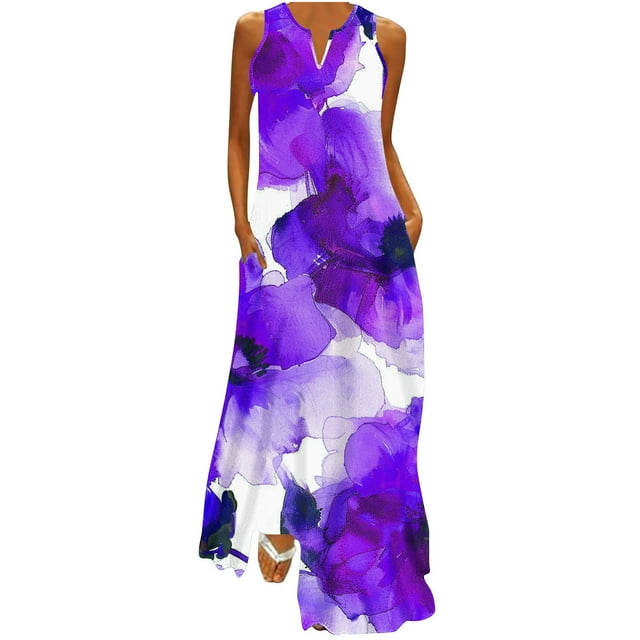 Staron Robes d'Été Violettes pour Femmes en Liquidation à Moins de 10 $ Robe à Col en V Robes de Vacances à la Plage Robes Longues Maxi Bohèmes Fluides Robes Longues Amples Sans Manches Sortie de Plage Robe d'Été avec Poches TG