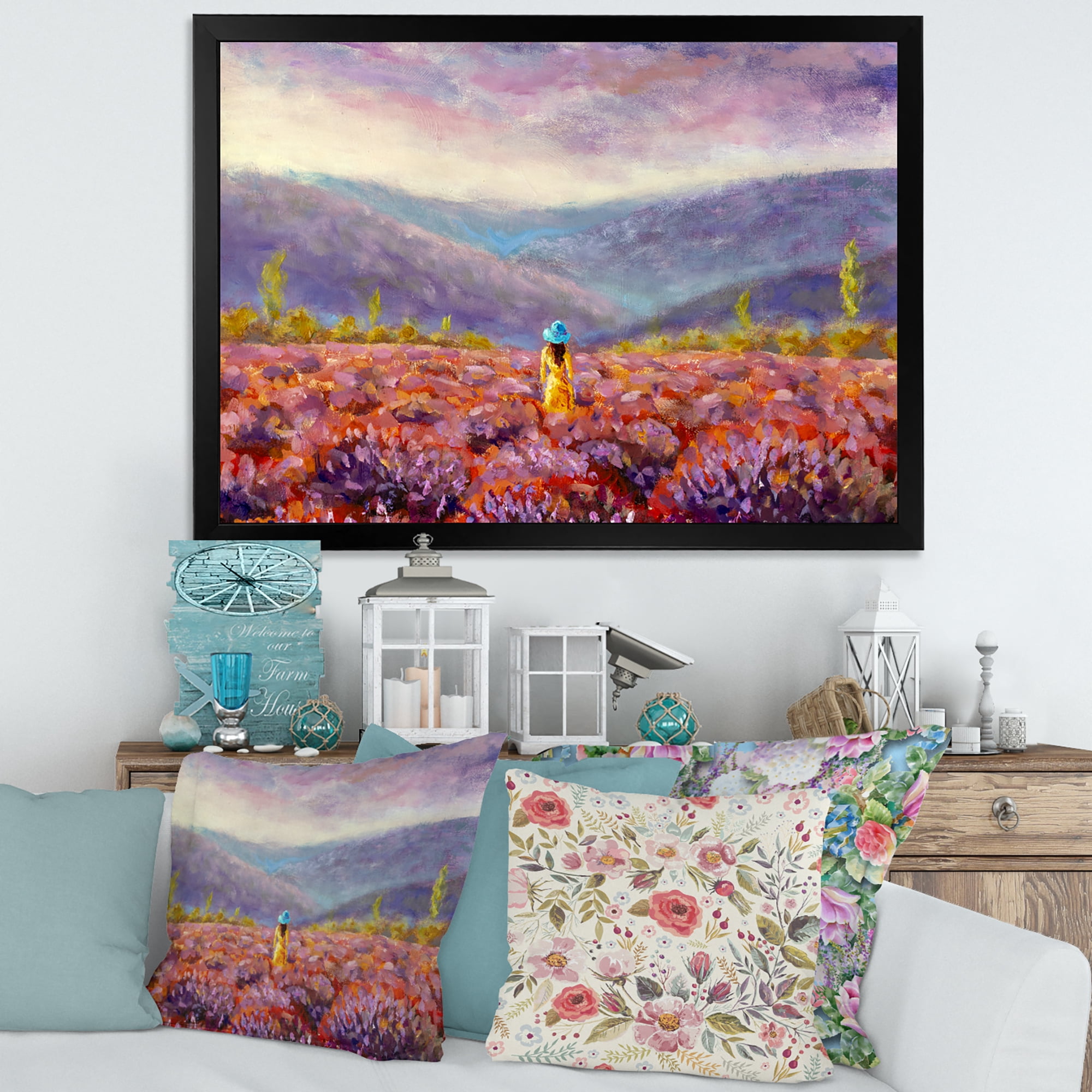 Designart 'Girl In Yellow Dress & Hat Walking Through Fields' Traditional Framed Art Print