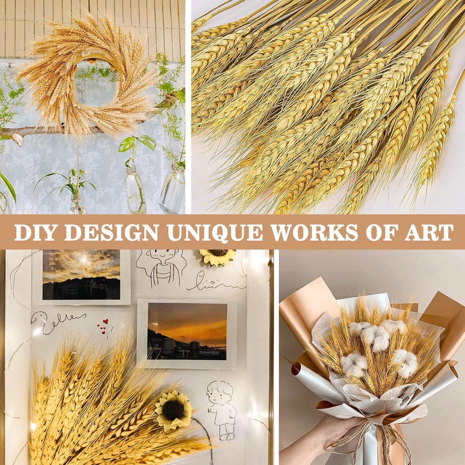 100 Stems Dried Wheat Stalks for Decor - Sheaves Grass Natural Bunch Flowers Home Wedding Table Kitchen Boho Farmhouse Fall Arrangement DIY Decoration 12.9 Inches