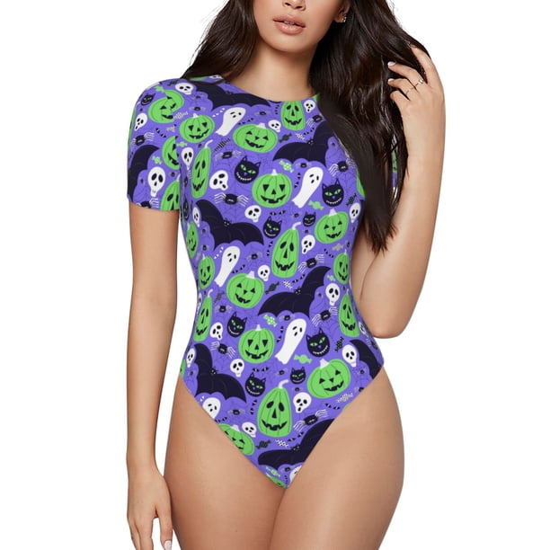 Balery Cute Halloween Body de cuello redondo de manga corta para mujer Tops de manga corta Tops básicos-Medium