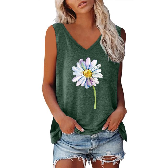 Womens Printed Sleeveless Casual V-Neck Tank Top