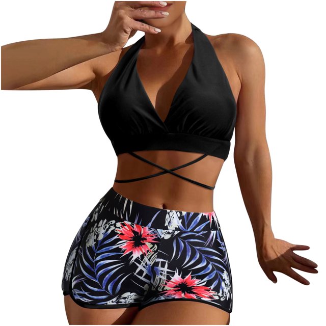 Conjuntos de bikinis con estampado de contraste de cuello halter y cintura alta dividida para mujer OAVQHLG3B Store lin121212