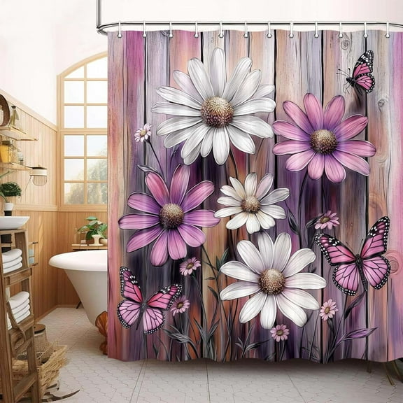 Rustic Farmhouse Shower Curtain, Farm Purple Daisy Floral Flowers and Butterfly on Country Wooden Shower Curtain for Bathroom, Violet White Bath Curtains with 12Hooks, 70X70IN
