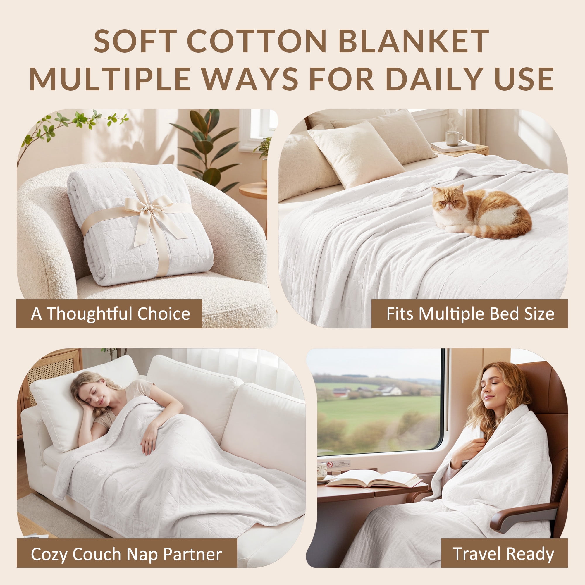 Exclusivo Mezcla 100% Cotton 4 Layers Muslin Throw Blanket for Couch, Moisture-wicking and Breathable Gauze Blanket with Geometric Pattern for Year Round Comfort, 50"x60", Pure White
